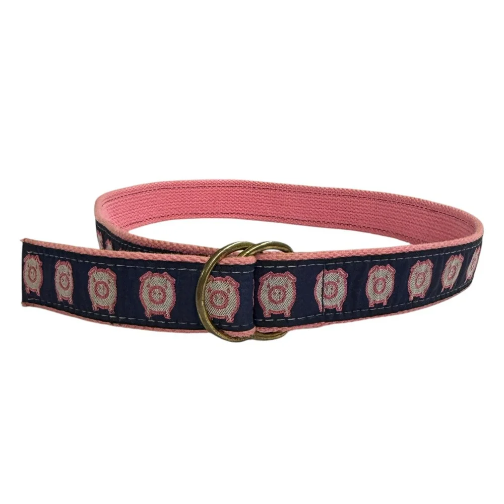 Leather Man Ltd D-Ring Belt Womens S Navy Pink‎ Pig Embroidered Excellent Preppy